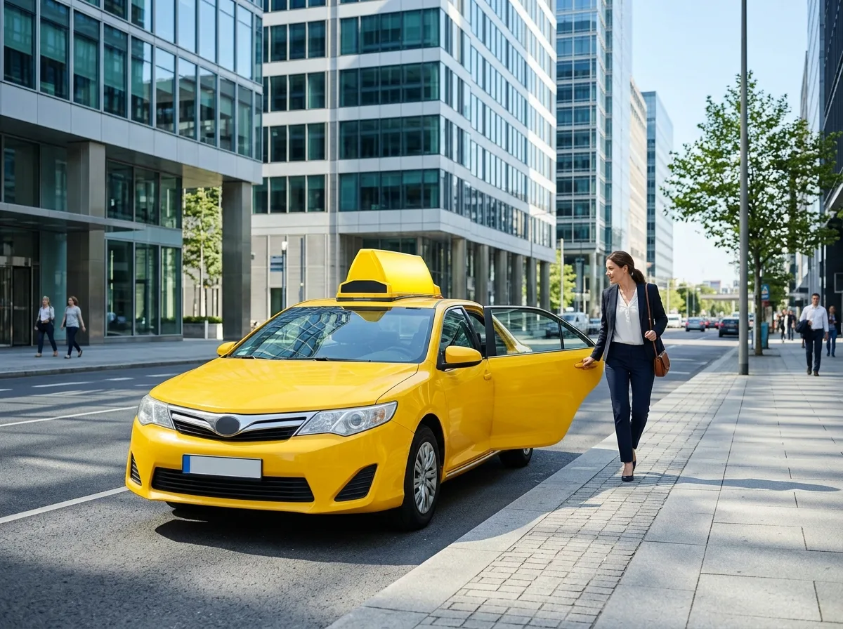 Équipe de chauffeurs Appel taxi devant leur flotte de véhicules